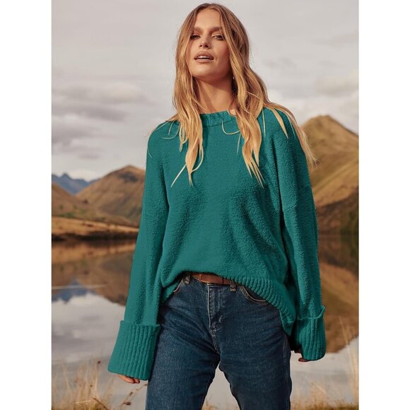 Women's Dark Green Oversized Long Sleeve Casual Fuzzy Knit Sweater - Picture 6 of 8